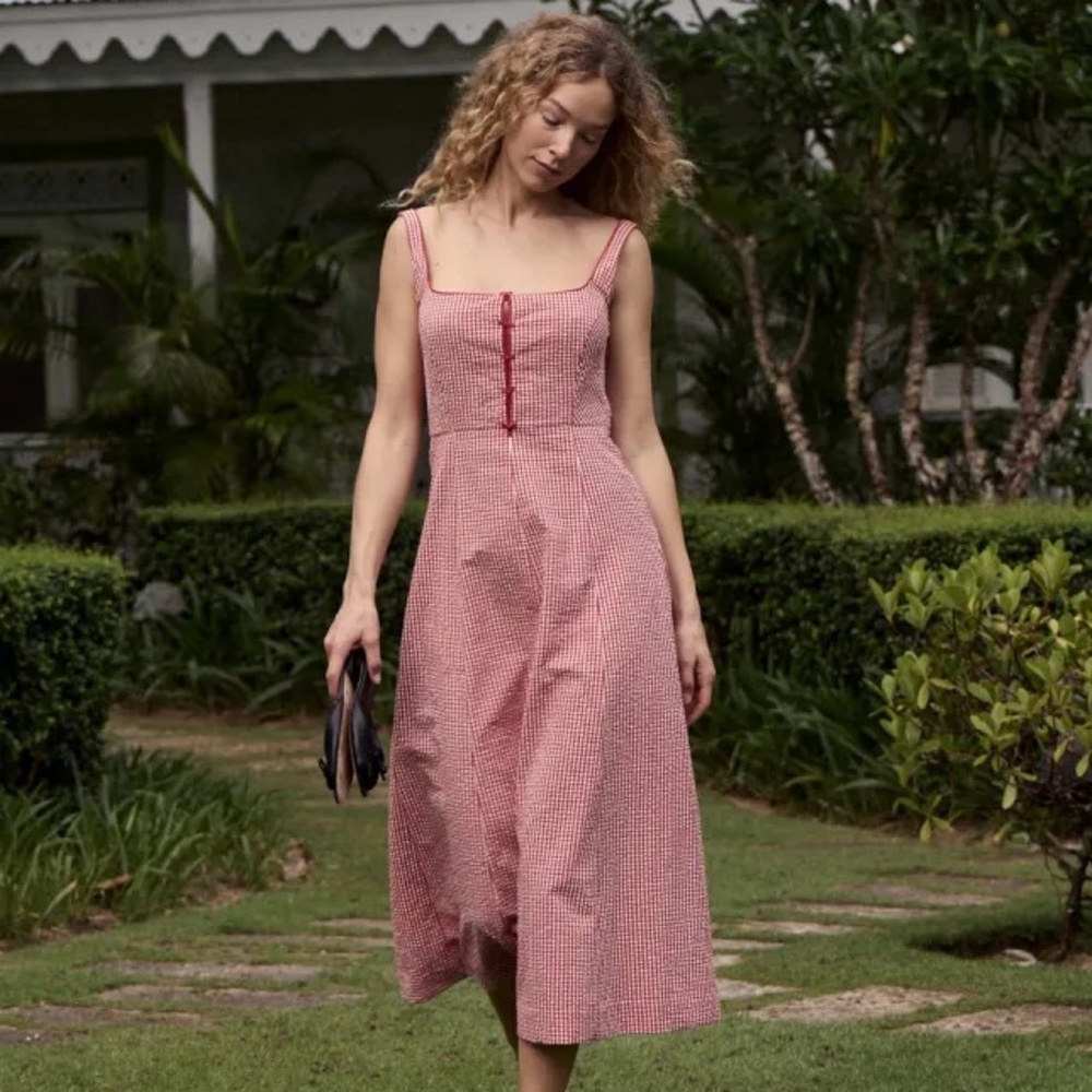 Doen Delaney Cotton Bow A Line Midi Maxi Dress Red Rouje La Maddalena Gingham